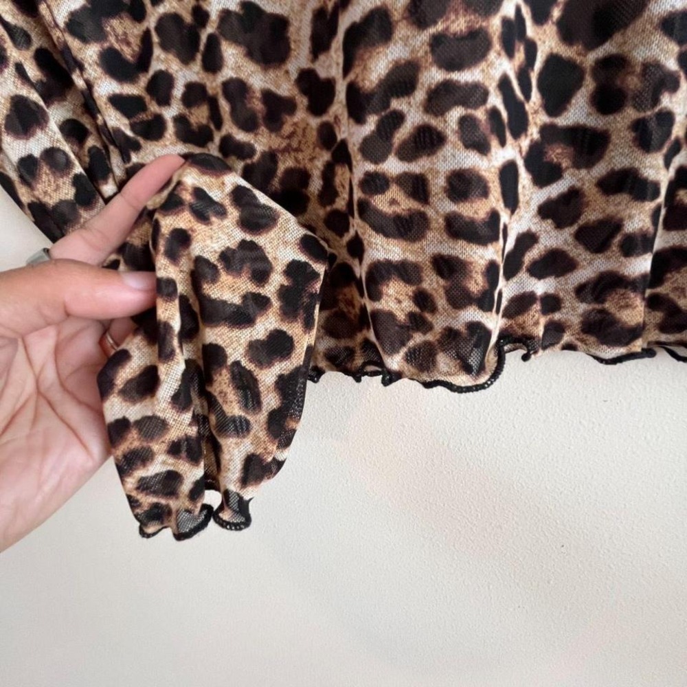 Altar'd State Mesh Leopard Print Crop Top S Long Sleeve Lettuce Hem Sheer Y2K - Picture 5 of 6